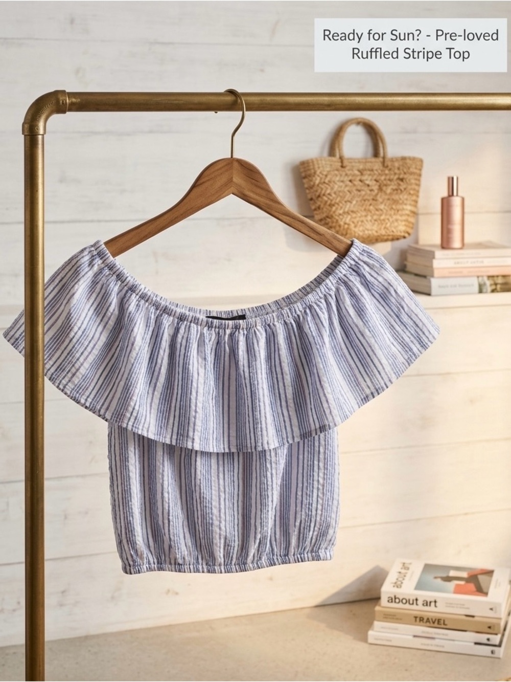 White Crop Top w/ Blue Pinstripes and Ruffle Off-Shoulder- Size m - breezy boho